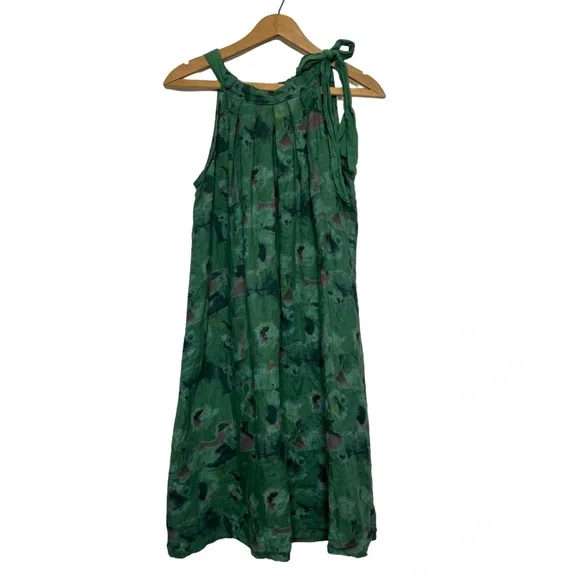 Bellambia 100% Pure Linen Green Floral Halter A-Line Dress Medium - Picture 1 of 11